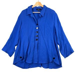 Yushi 1339 Royal Blue Button Up Shirt XL Lagenlook Square Button High Low Blouse